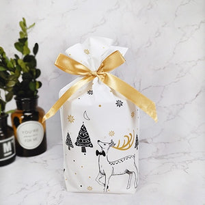 10pcs Golden Christmas Tree Gift Bags Biscuit Plastic Cake Drawstring Bag for Xmas Party Home Decoration bolsas regalo navidad