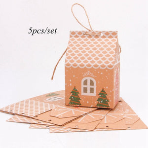 5pcs House Shape Christmas Candy Gift Bags With Ropes Xmas Tree Cookie Bags Merry Christmas Guests Packaging Boxes Party Decor