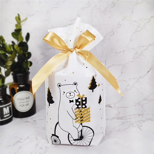 10pcs Golden Christmas Tree Gift Bags Biscuit Plastic Cake Drawstring Bag for Xmas Party Home Decoration bolsas regalo navidad